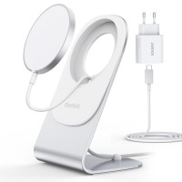 Carregador sem fio Choetech MagSafe Qi 15 W com suporte de alumínio prateado + carregador CA PD 20 W (H047 + Q5004)